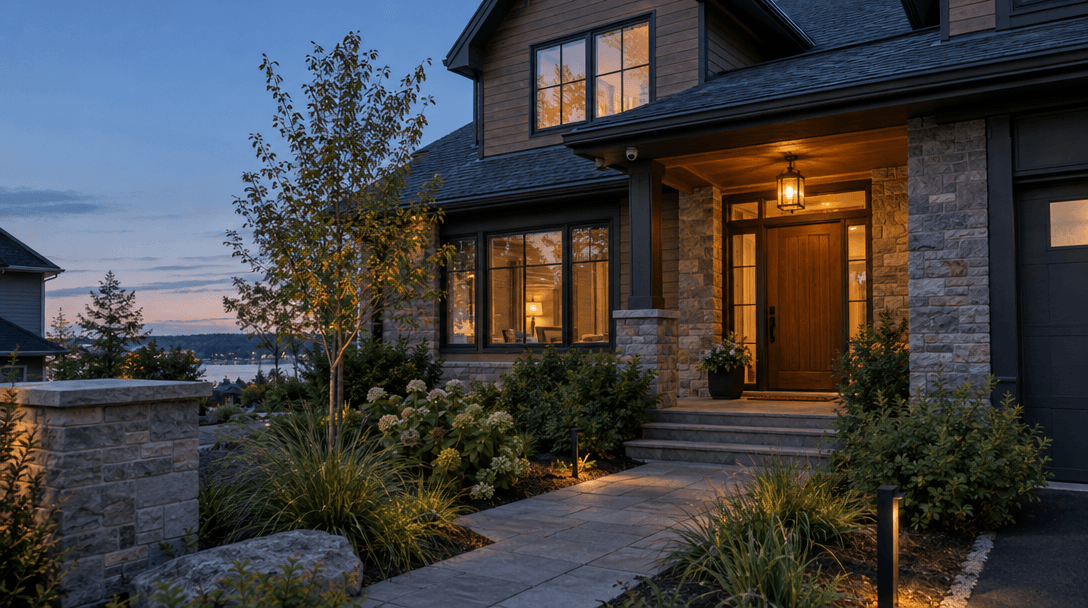 A home at dusk with an entry light and a discreet camera beneath the eave.